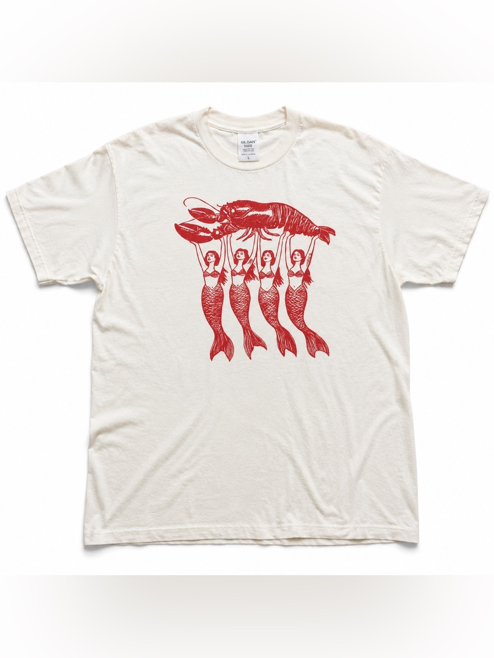 Cream Short Sleeve Tee with Red Mermaid & Lobster Graphic